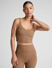 brown ribbed cropped tank with front and back v necklines.