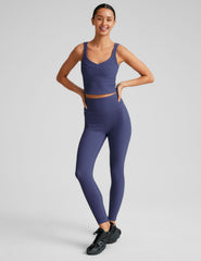 blue ribbed cropped tank with a soft front and back v neckline.