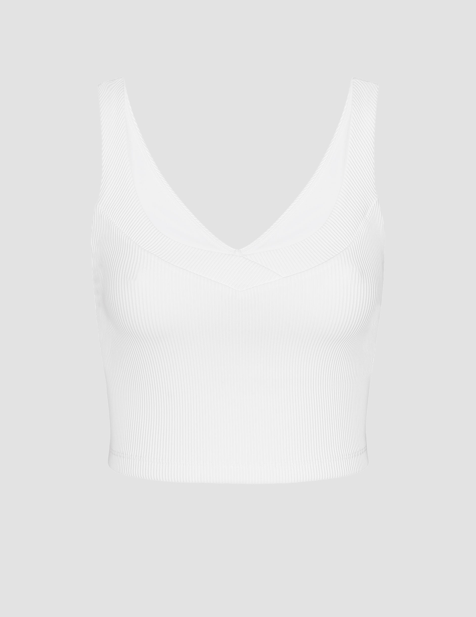 white ribbed cropped tank with a front and back soft v neckline.