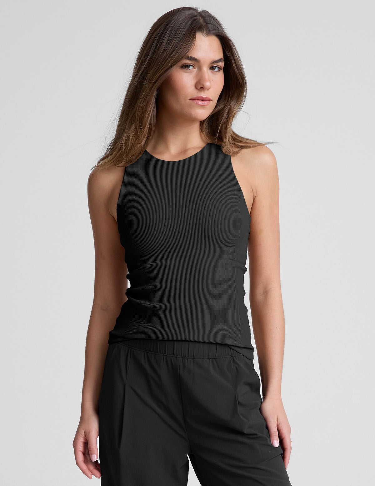 black ribbed high-neck, racerback, classic length tank top.