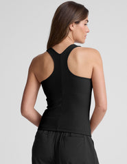 black ribbed high-neck, racerback, classic length tank top. 