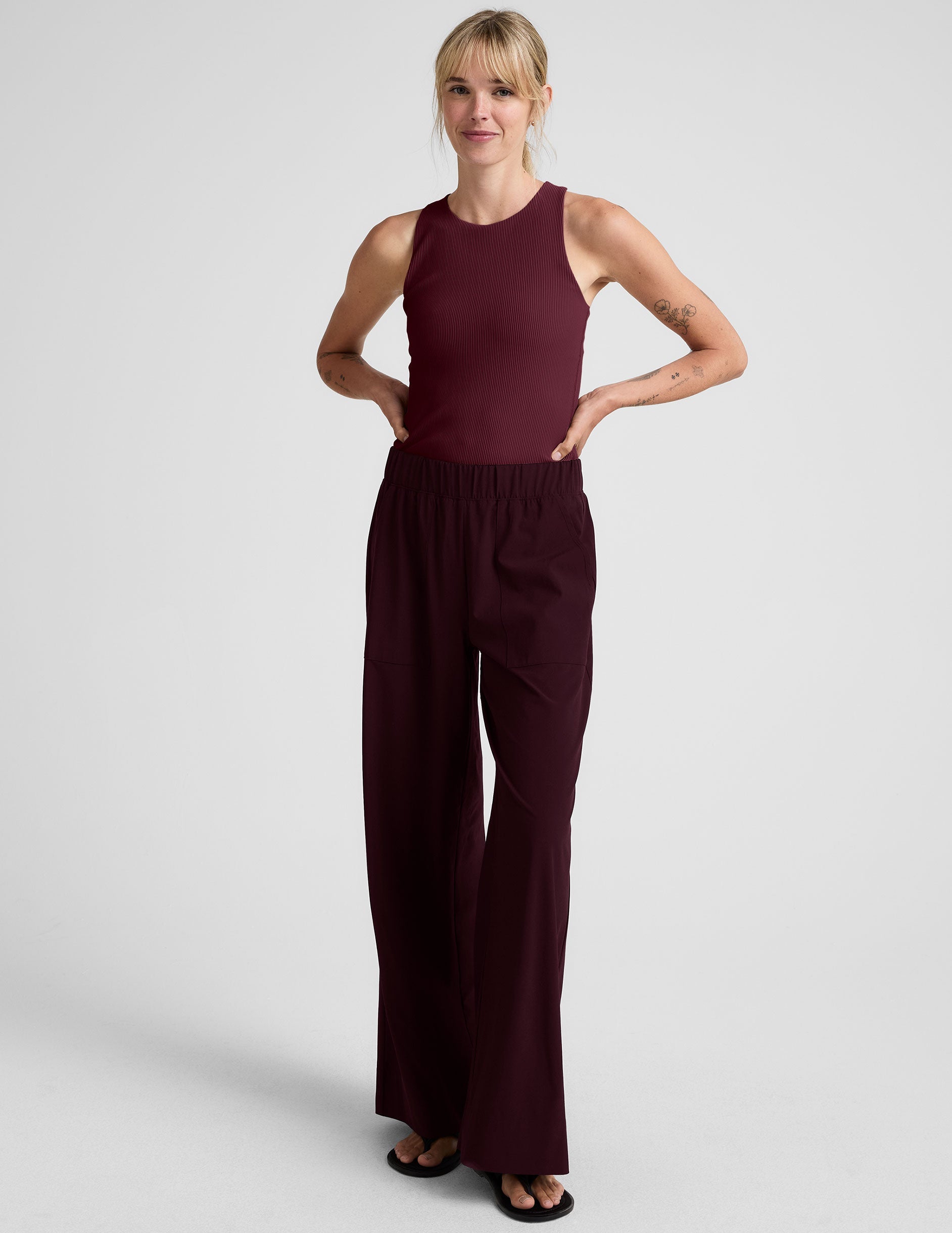 red high-neck ribbed racerback tank.