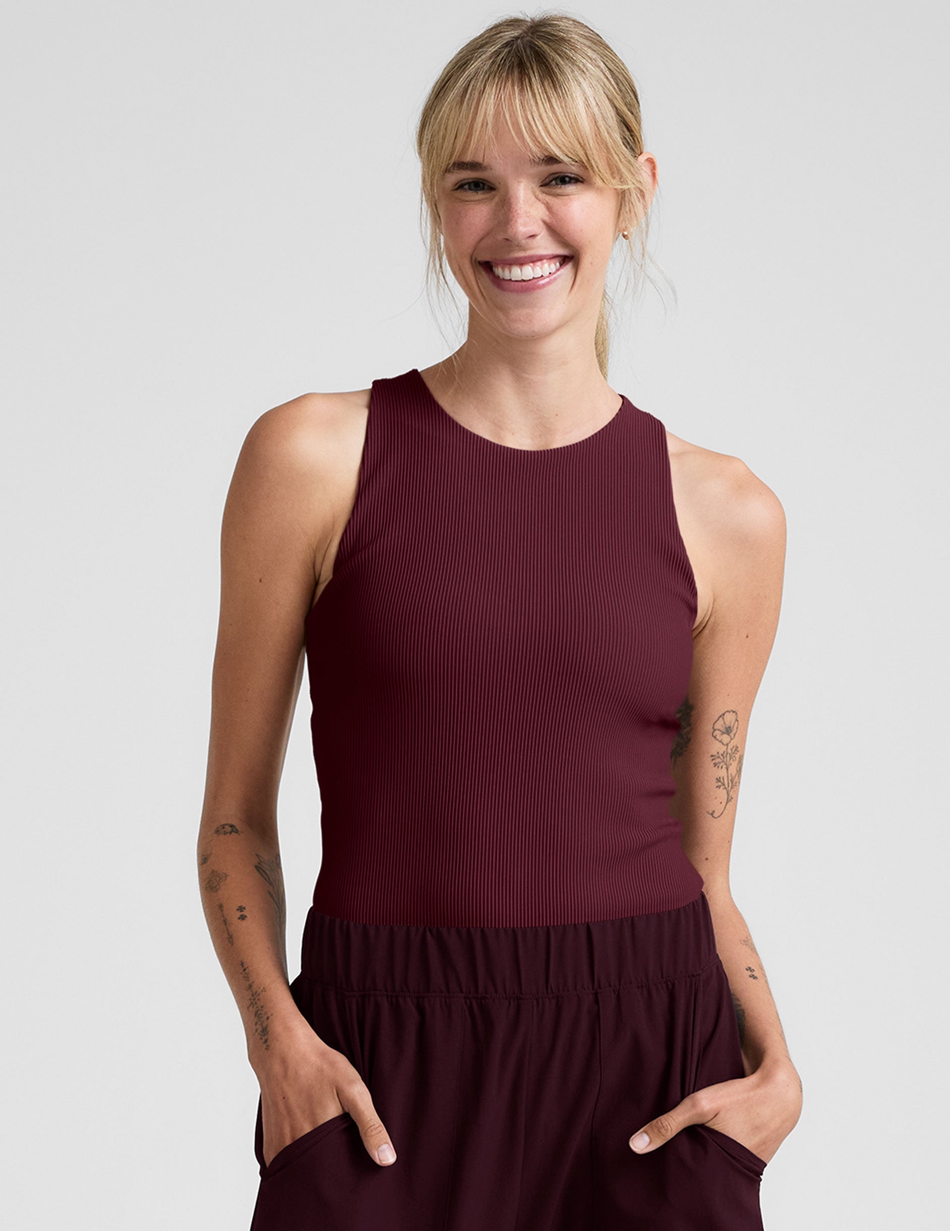 red high-neck ribbed racerback tank.