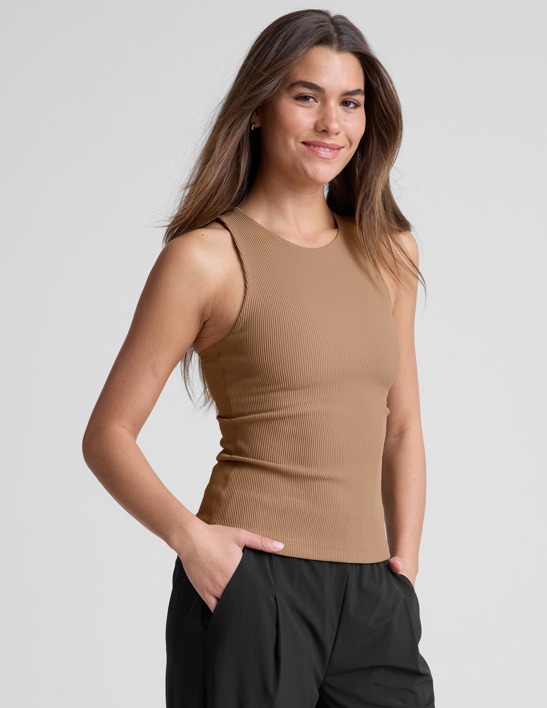 brown ribbed high-neck classic length tank top.