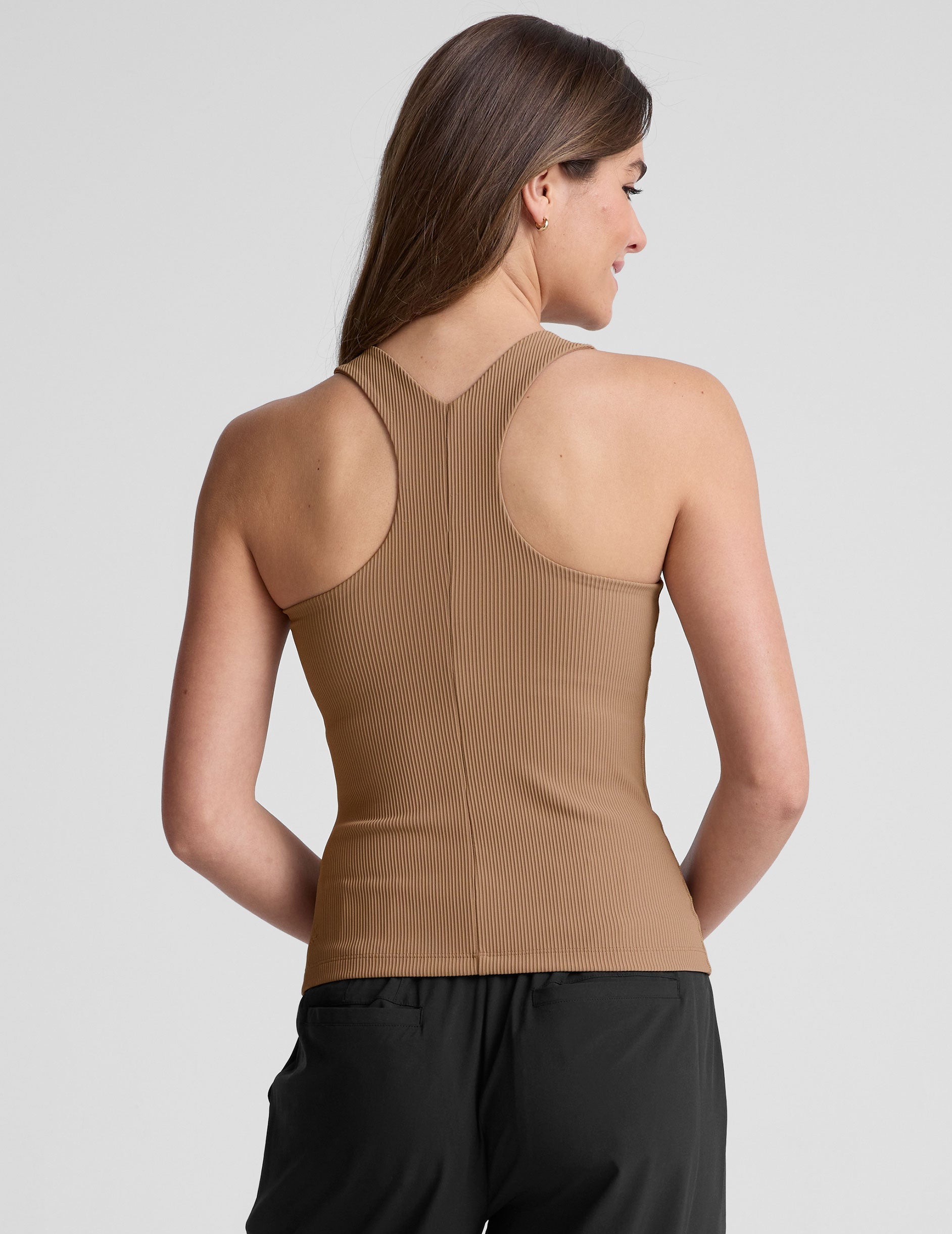 brown ribbed high-neck classic length tank top.