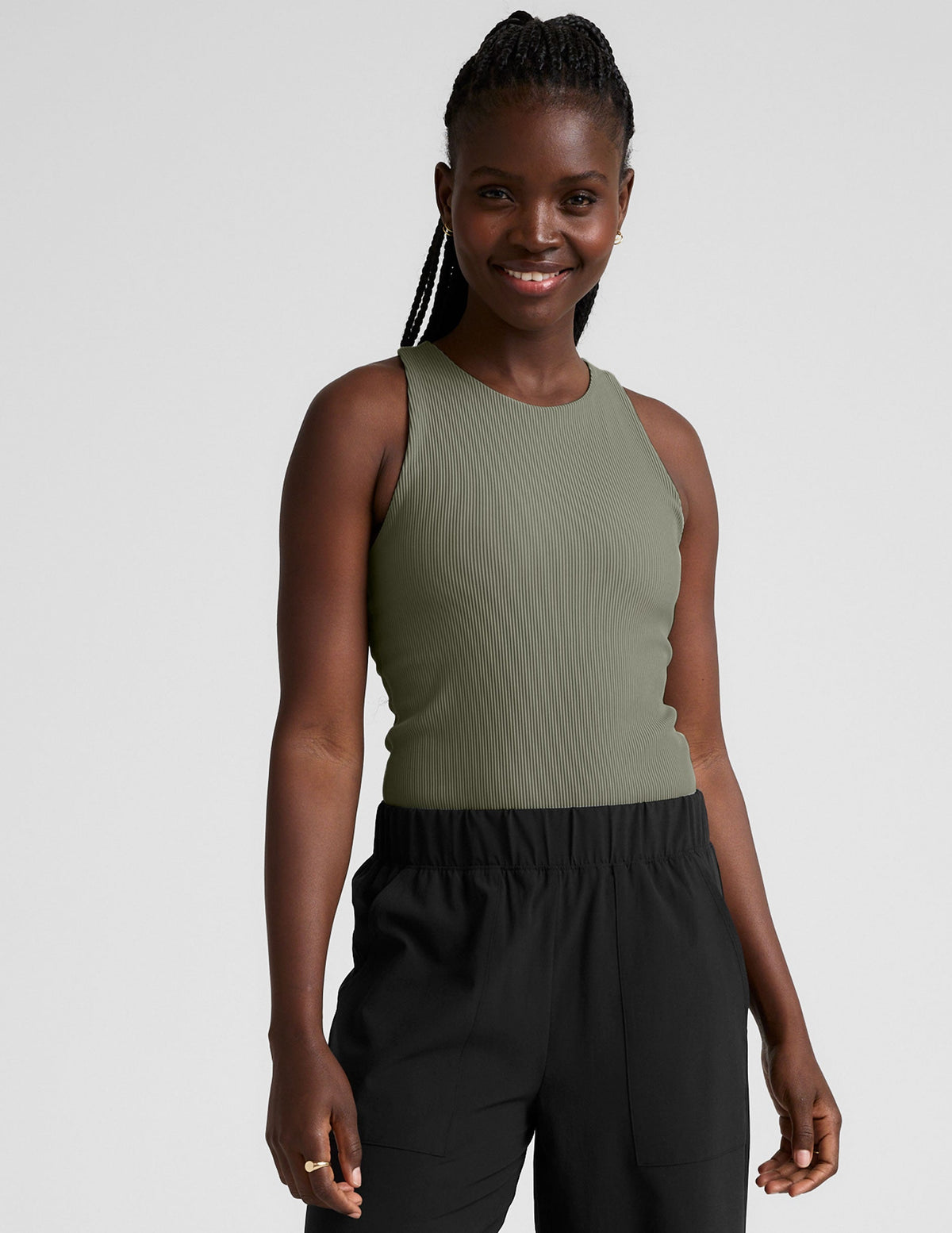 green high-neck ribbed racerback tank top.