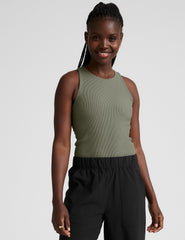 green high-neck ribbed racerback tank top.