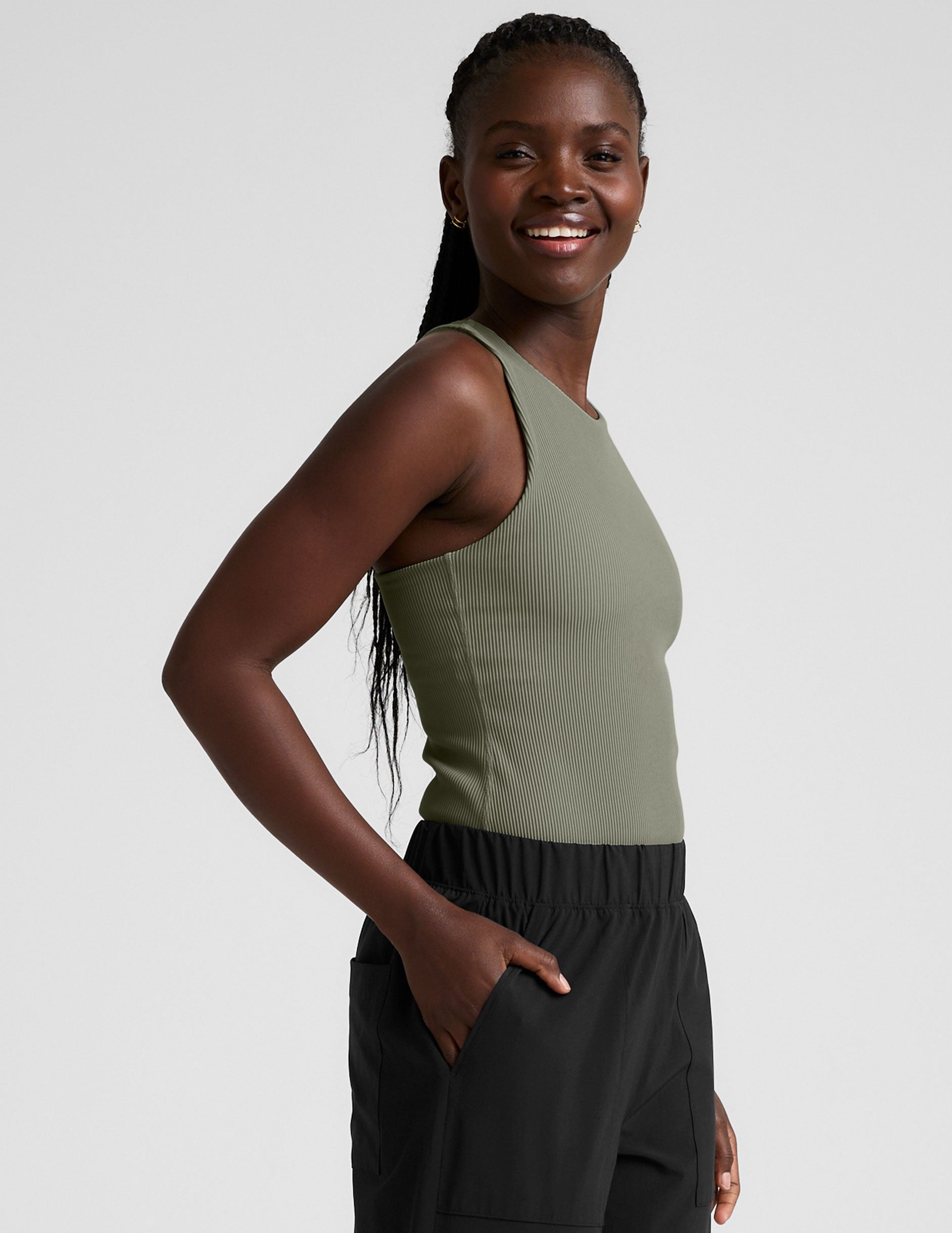 green high-neck ribbed racerback tank top.