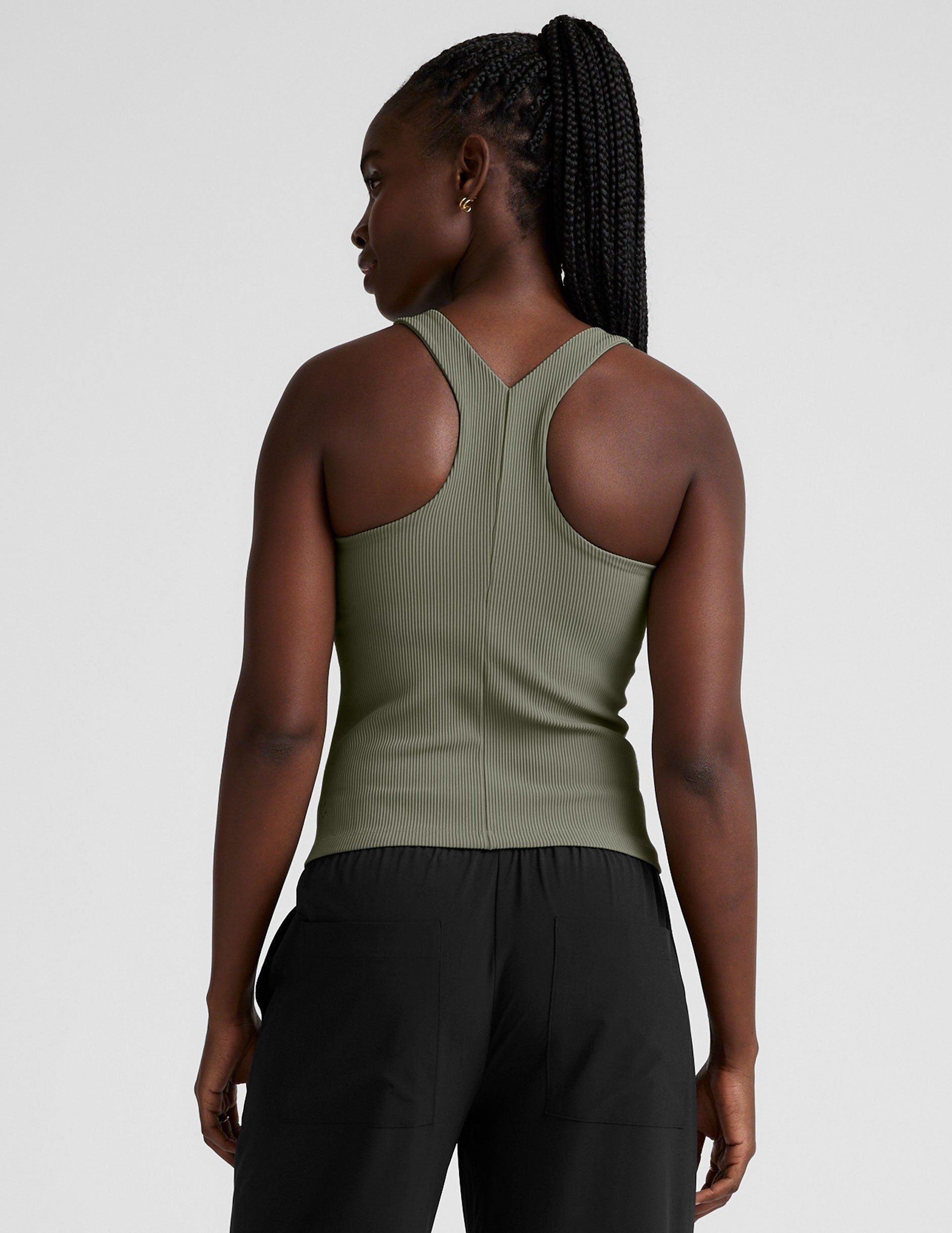 green high-neck ribbed racerback tank top.