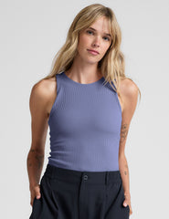 blue ribbed high-neck tank top.