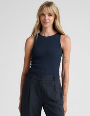 blue high-neck ribbed racerback tank top.