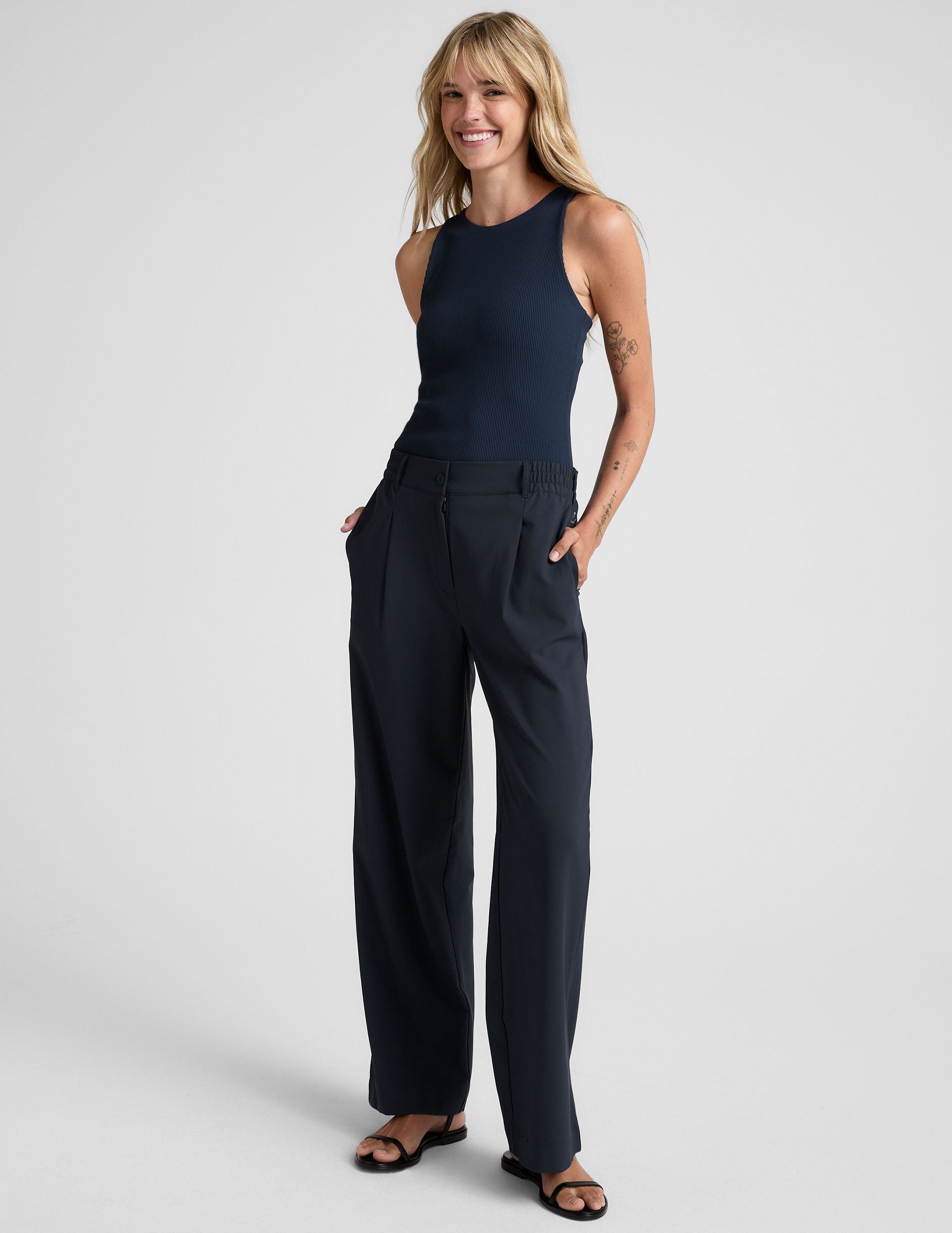 blue high-neck ribbed racerback tank top.