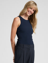 blue high-neck ribbed racerback tank top.