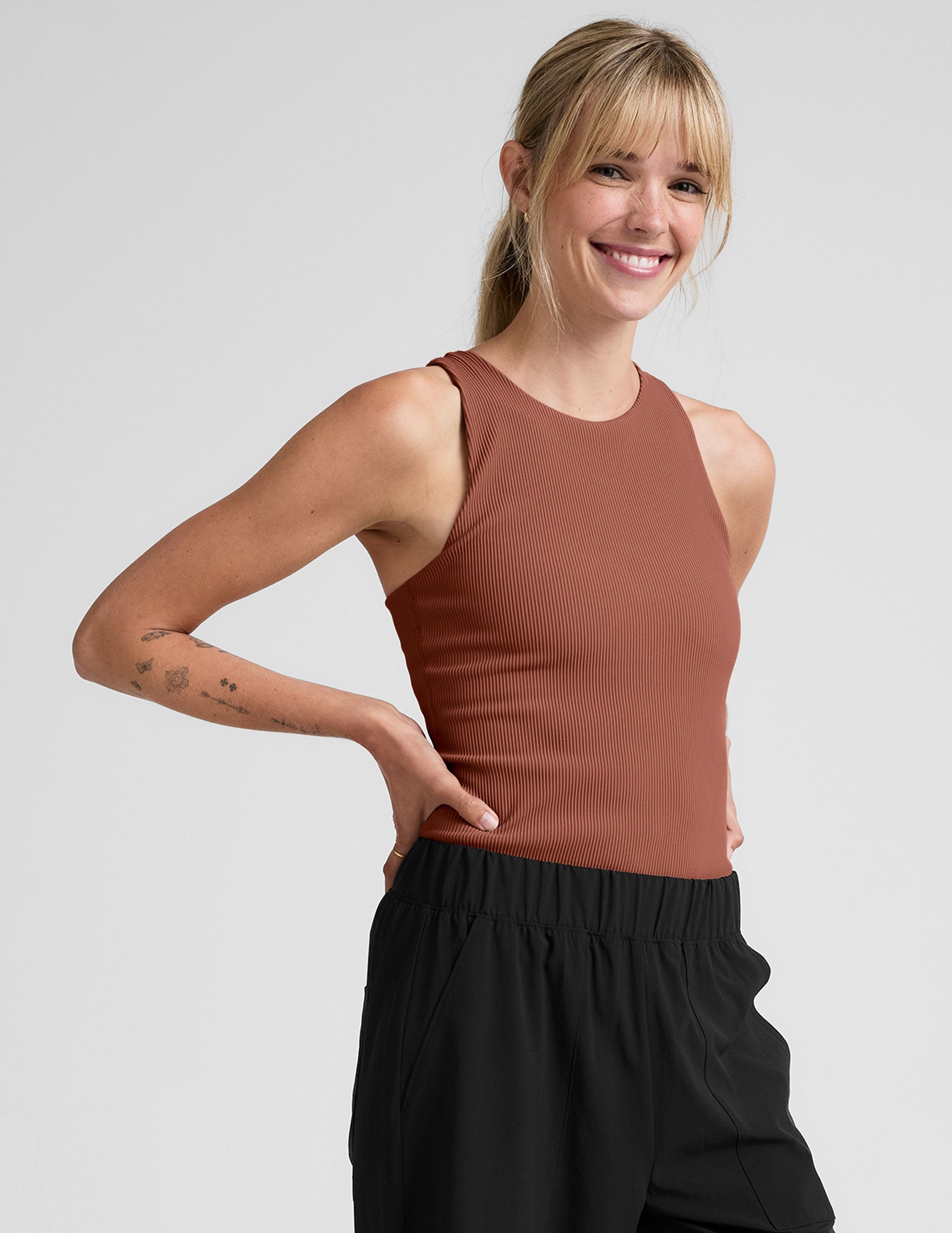 red high-neck ribbed racerback tank.