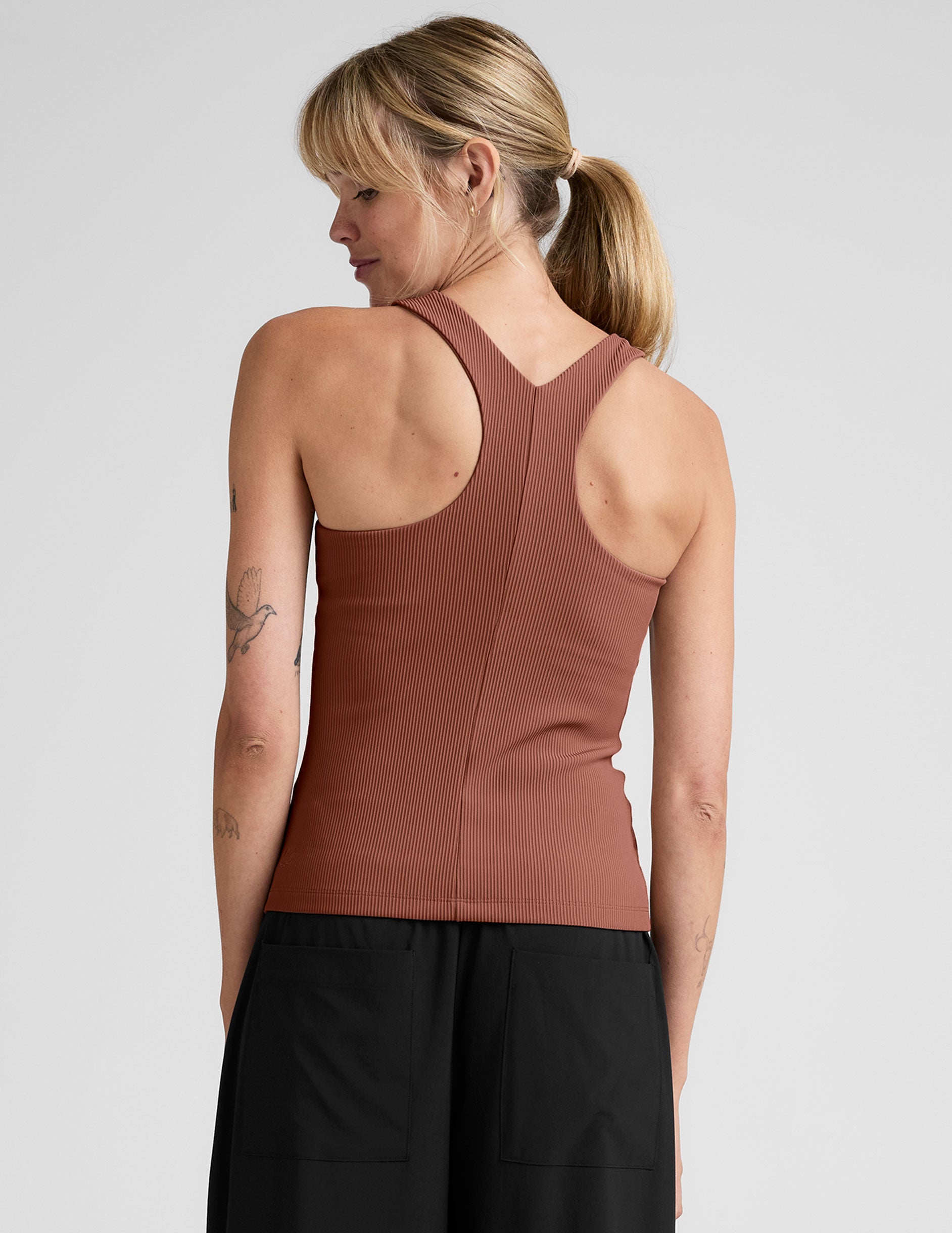 red high-neck ribbed racerback tank.