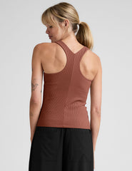 red high-neck ribbed racerback tank.