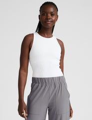 white high-neck ribbed racerback tank top.