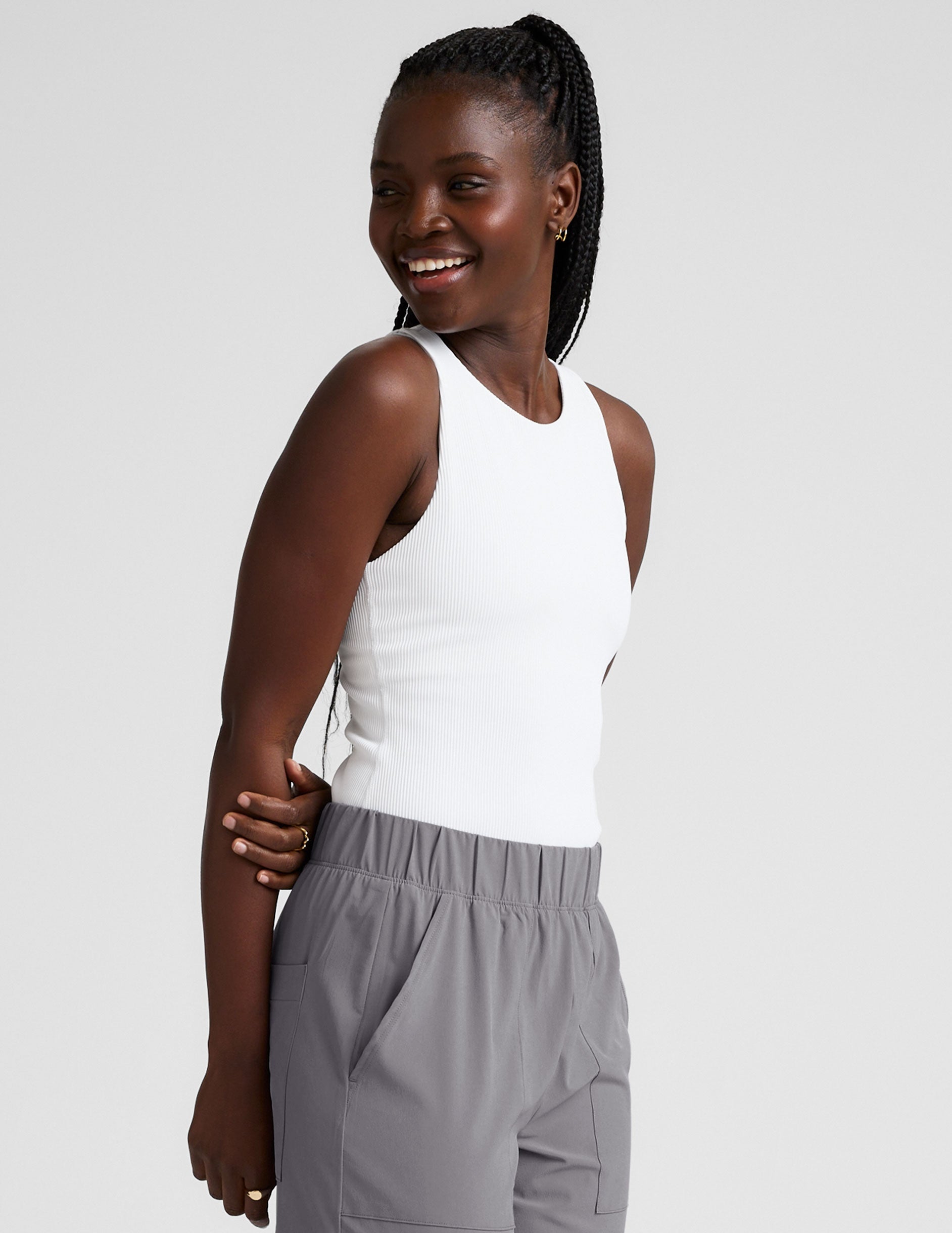 white high-neck ribbed racerback tank top.