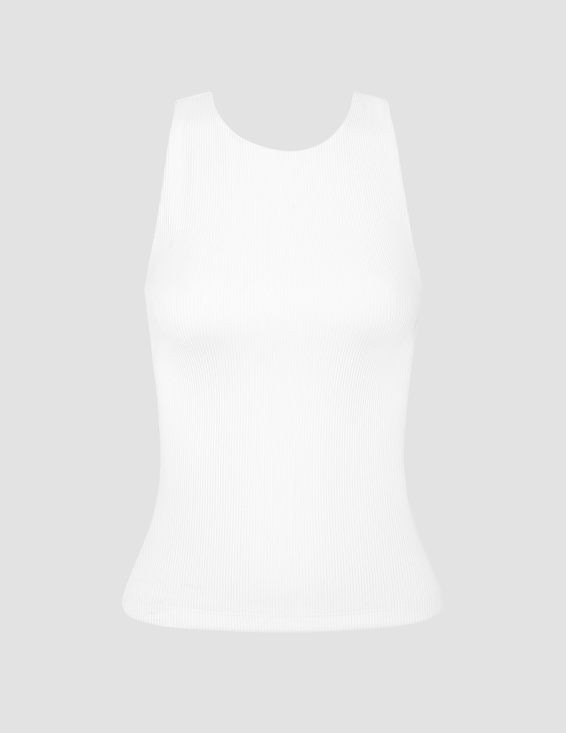 white high-neck ribbed racerback tank top.