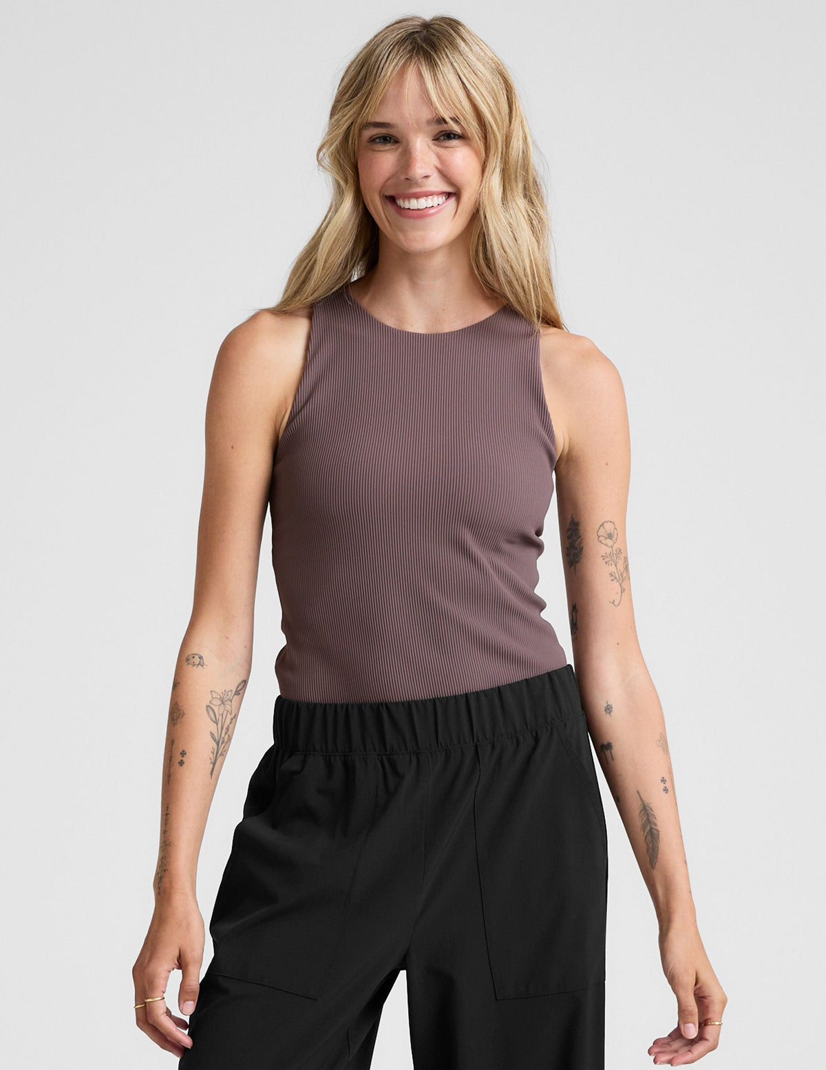 brown high-neck racerback ribbed tank top.