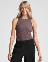 brown high-neck racerback ribbed tank top.