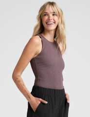 brown high-neck racerback ribbed tank top.