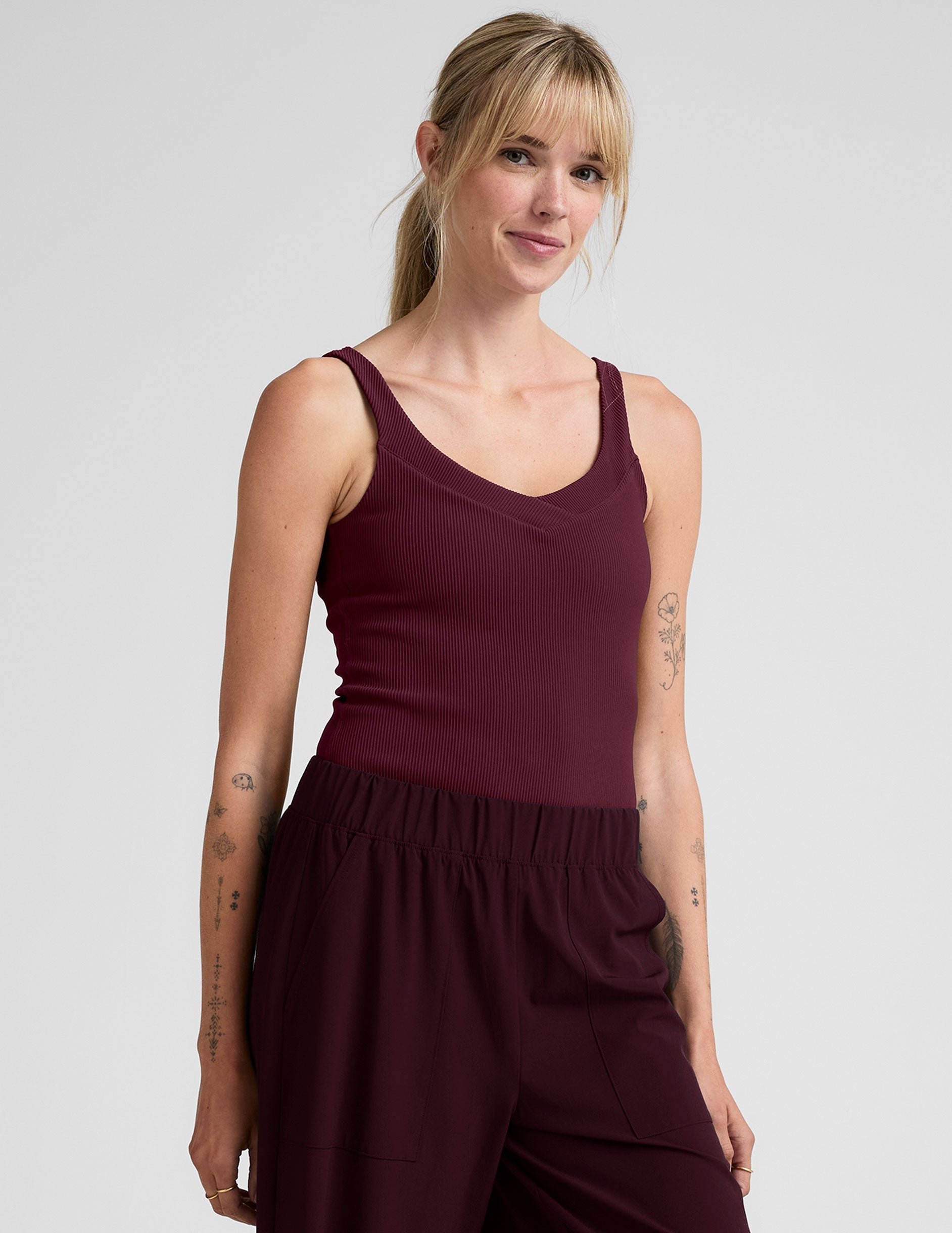 red ribbed tank top with a soft v neckline.