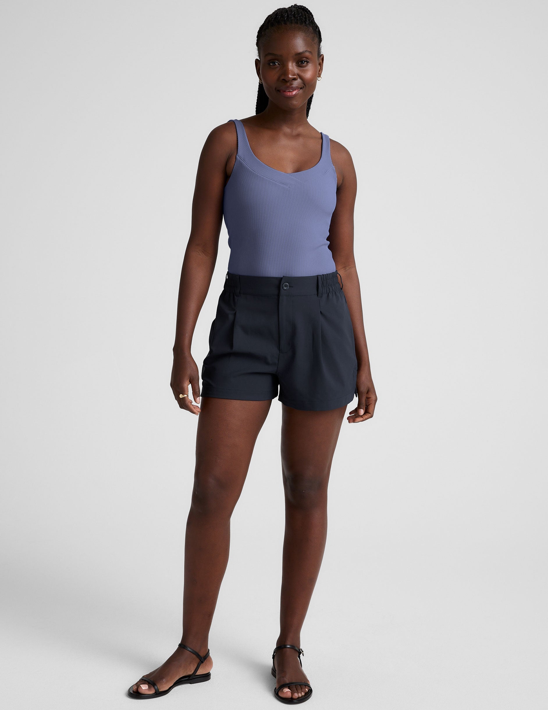 blue v-neck ribbed tank top.