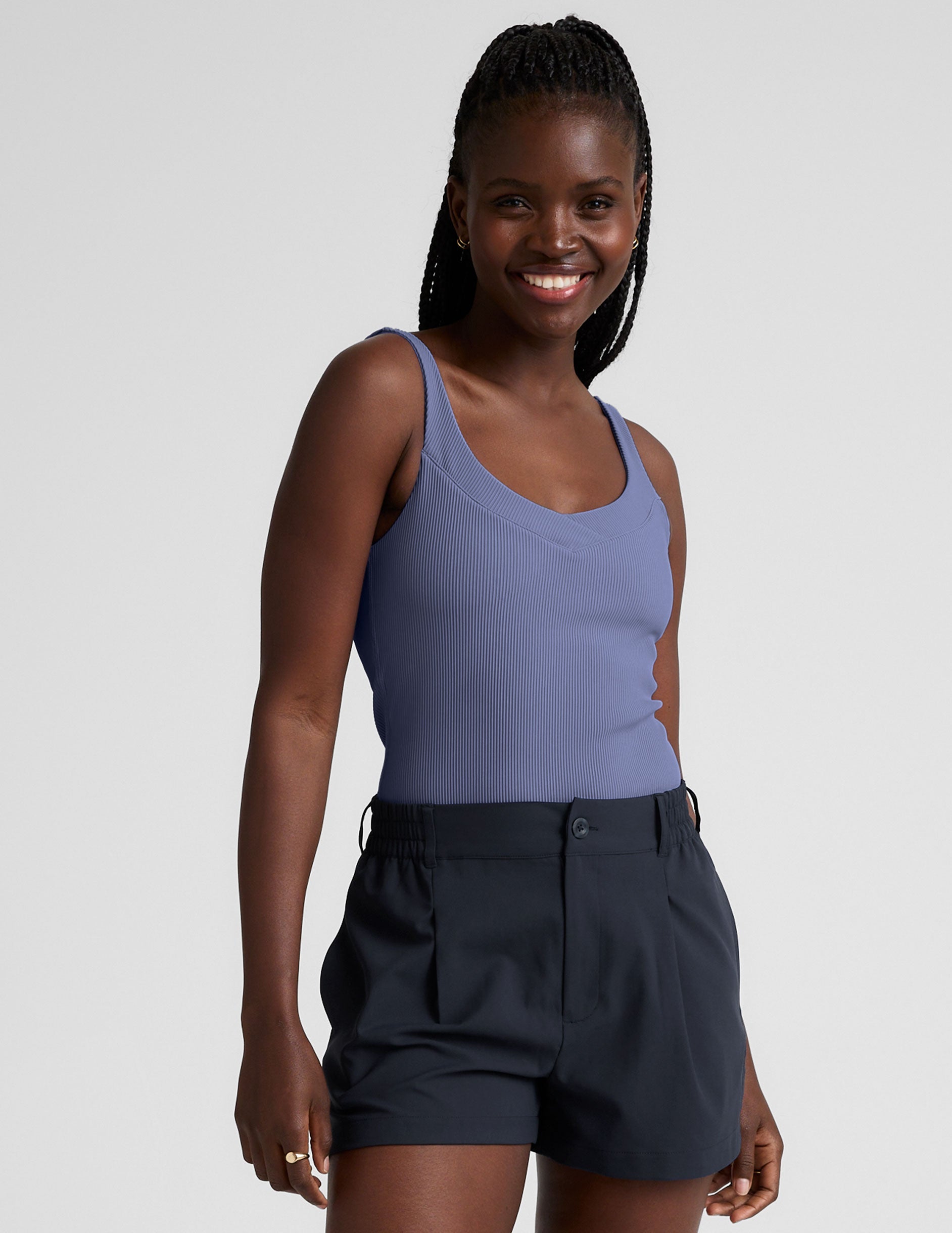 blue v-neck ribbed tank top.