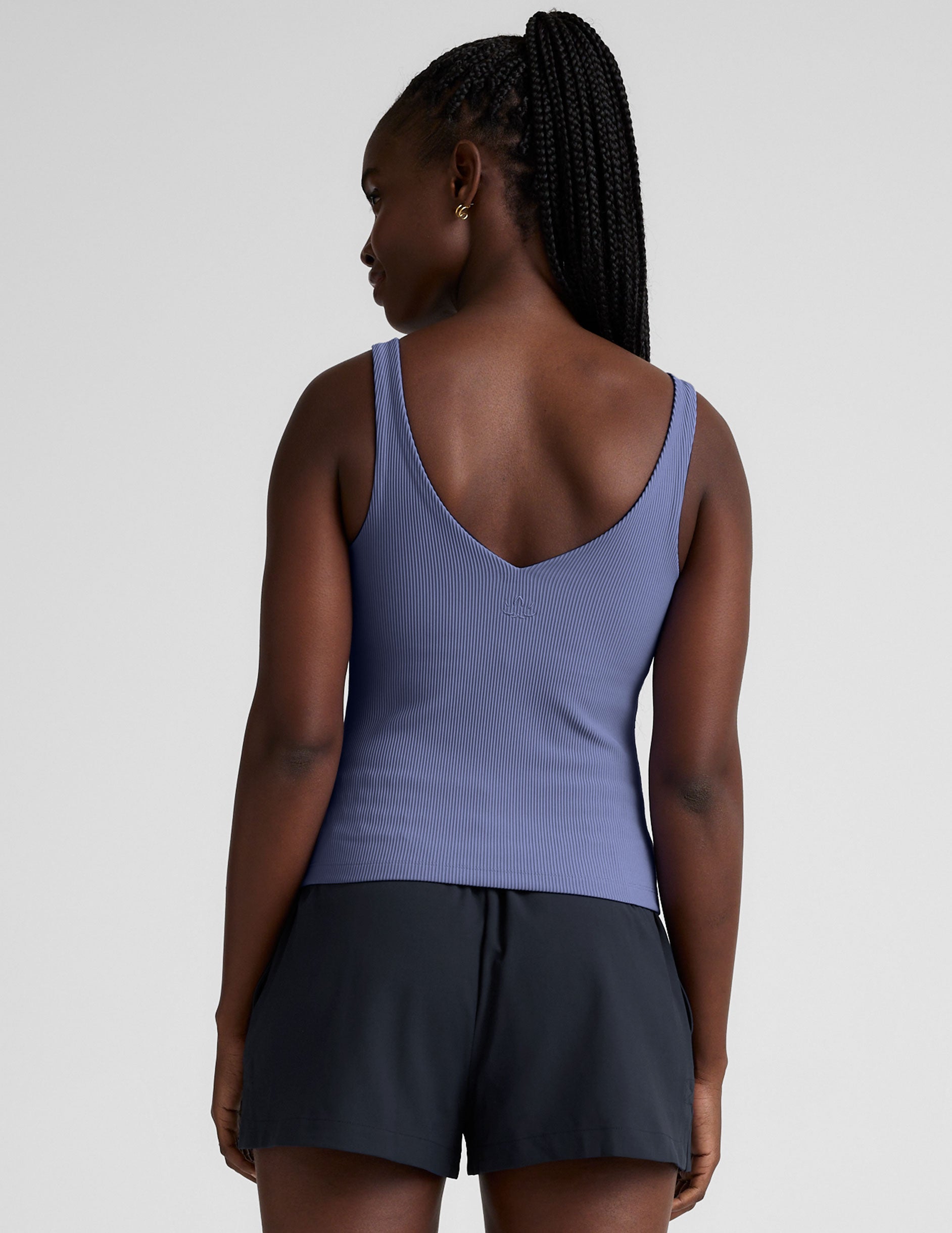 blue v-neck ribbed tank top.