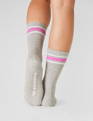 gray crew socks with pink stripe detailing.