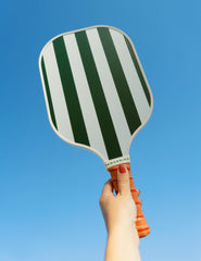 beyond yoga green and white stripped pickle-ball paddle.