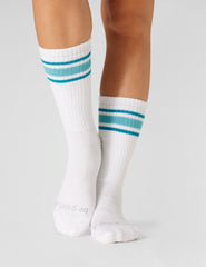 white and blue calf high sock.