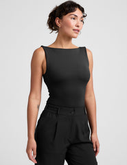 black boat neck tank top with a square back neckline.