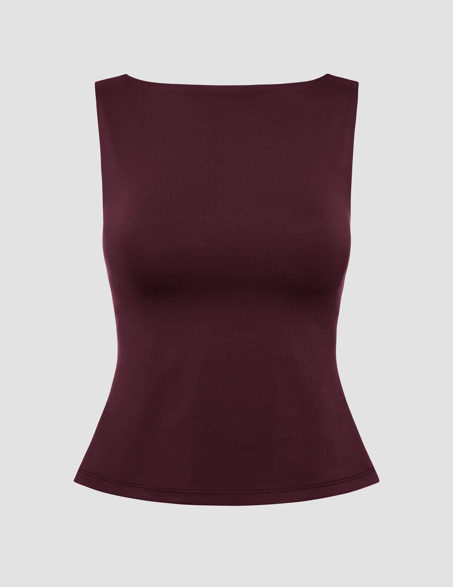 red boat neck tank top with a square back neckline.