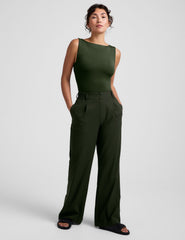 green boat neck tank top with a square back neckline.