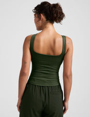 green boat neck tank top with a square back neckline.