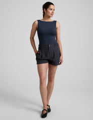 blue boat neck tank top with a square back neckline.