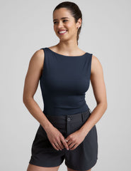 blue boat neck tank top with a square back neckline.