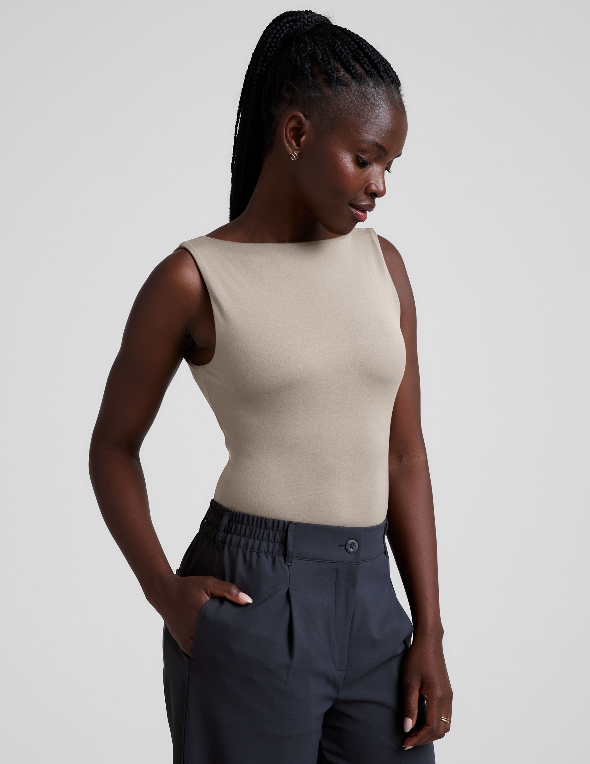 brown boat neck tank top with a square back neckline.