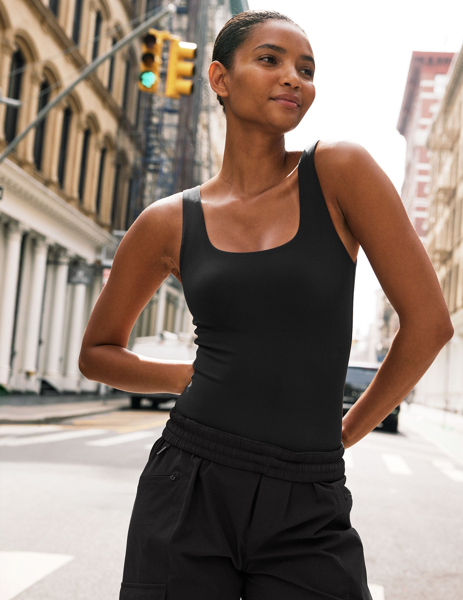black double-layered square neckline bodysuit.