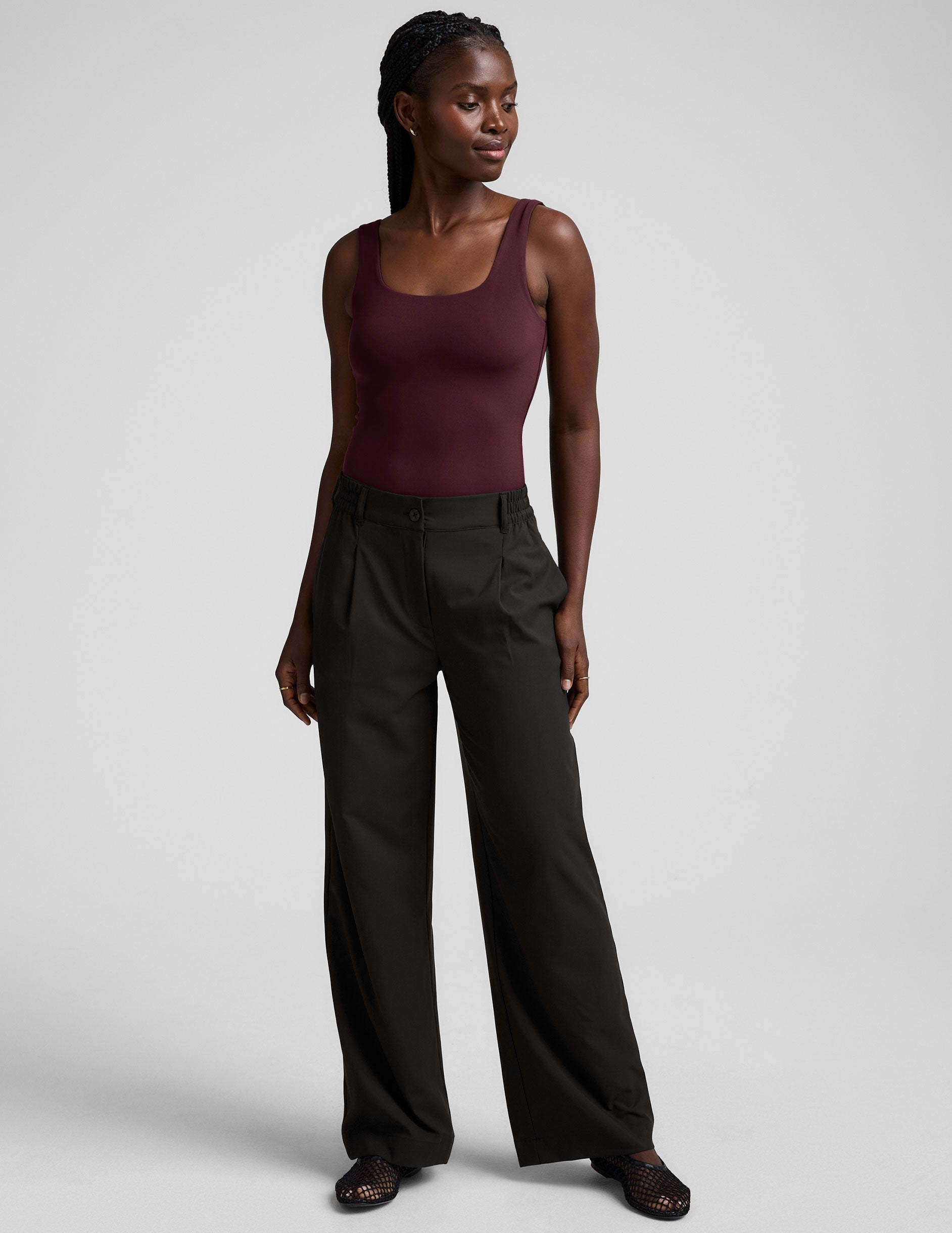 red double-layered square neckline bodysuit.