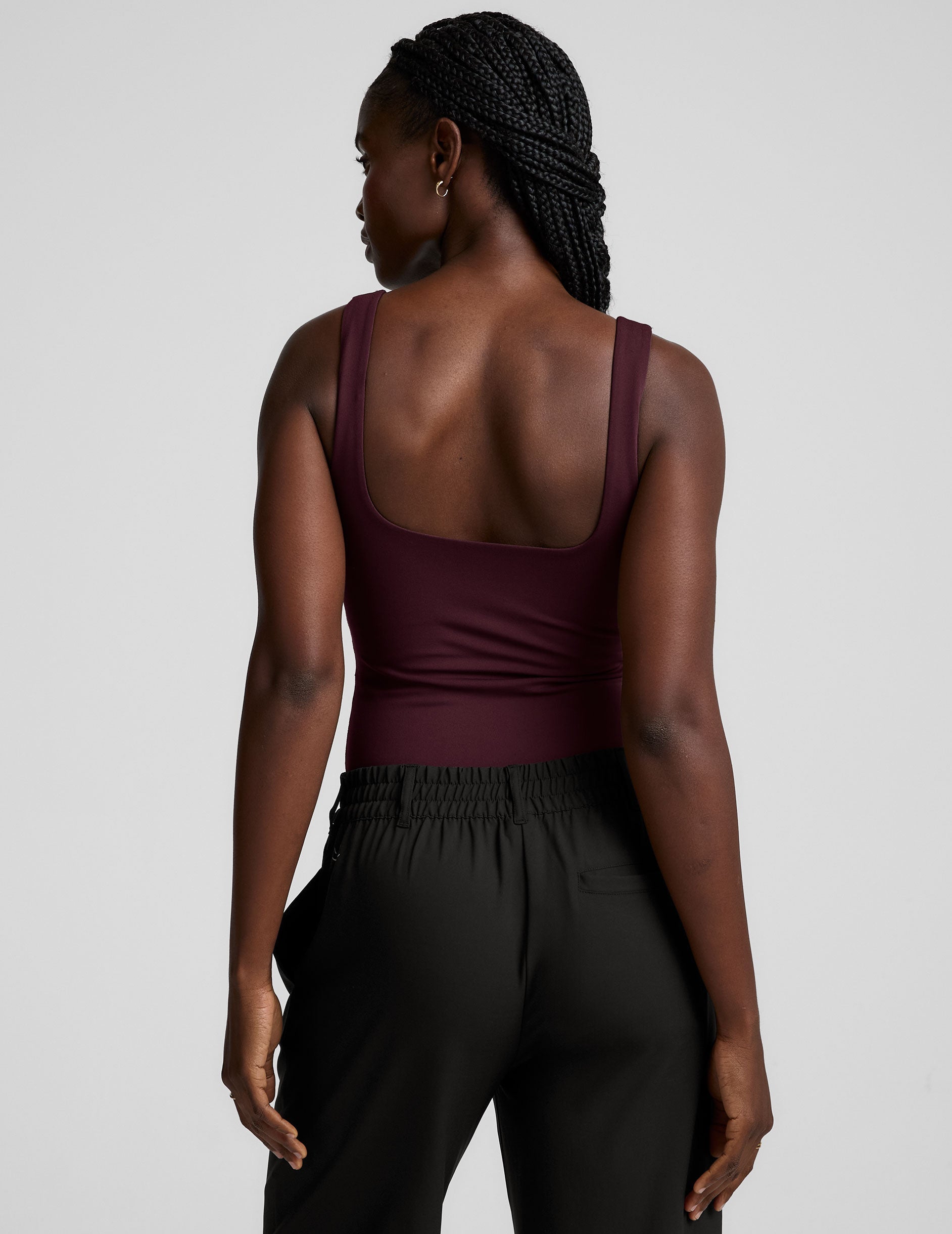 red double-layered square neckline bodysuit.