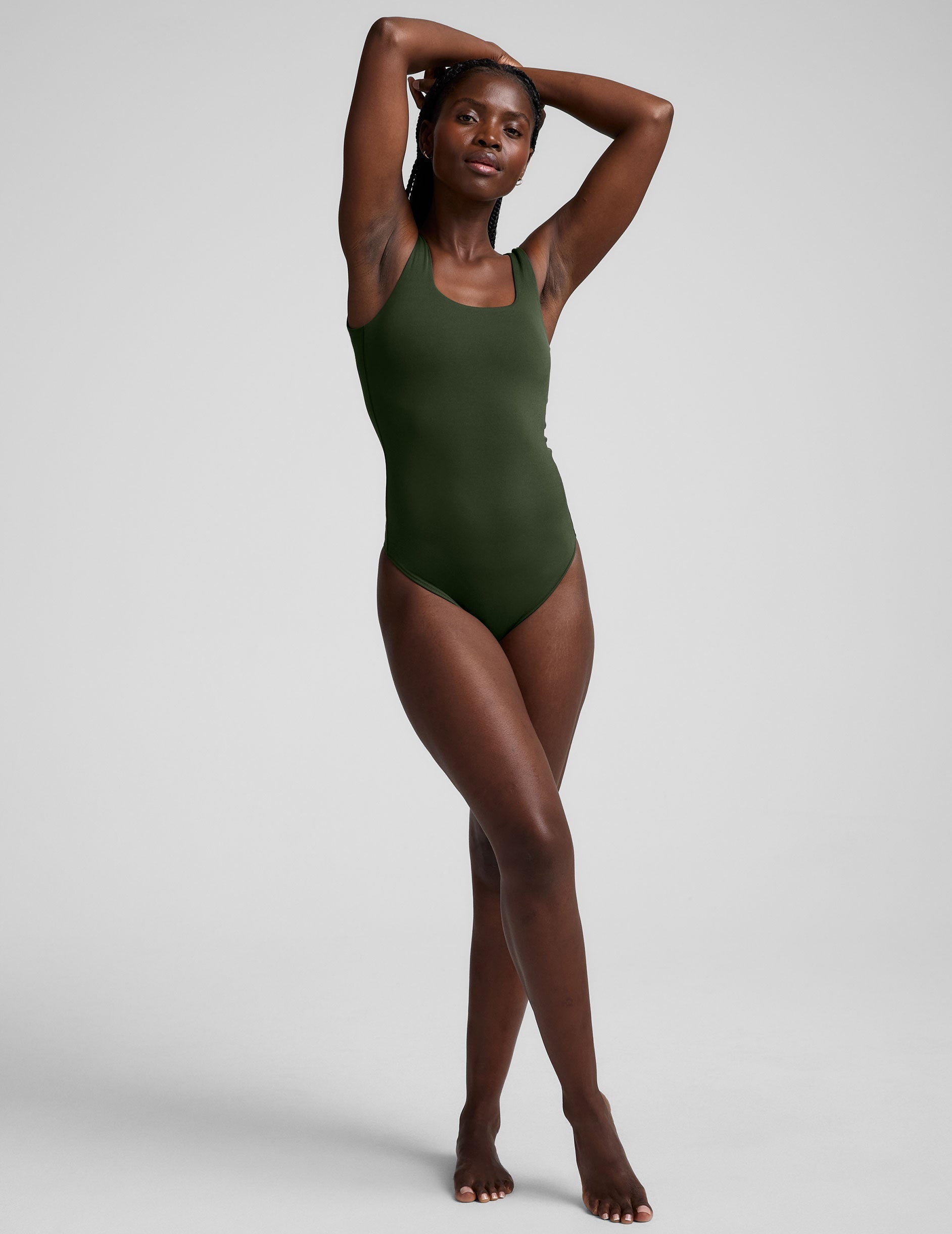green double-layered square neckline bodysuit.