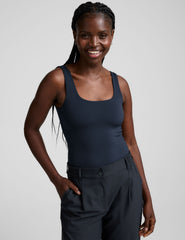 blue double-layered square neckline bodysuit.