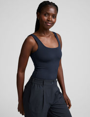 blue double-layered square neckline bodysuit.