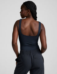 blue double-layered square neckline bodysuit.