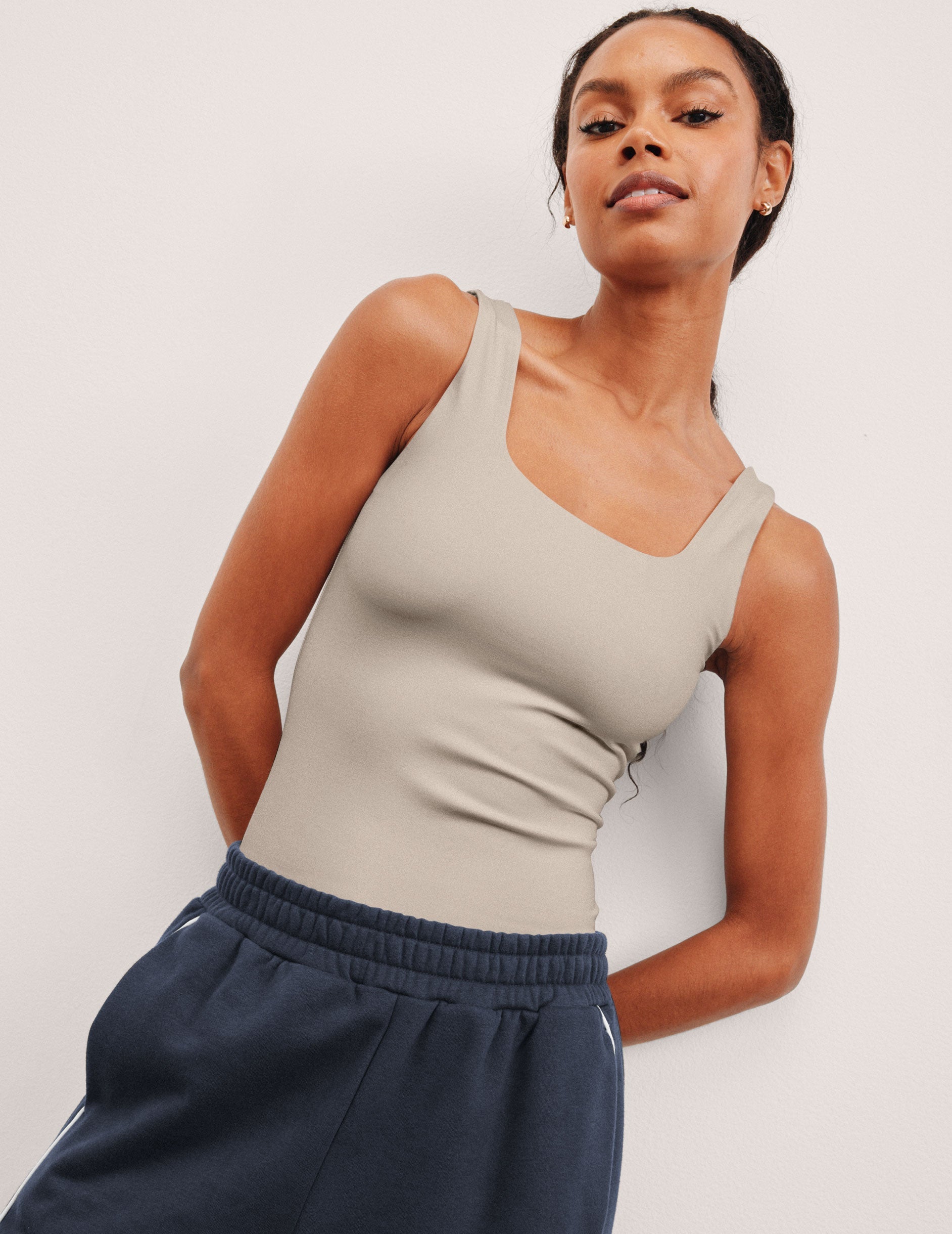 brown double-layered square neckline bodysuit.