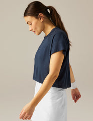 blue short sleeve cropped high low tee