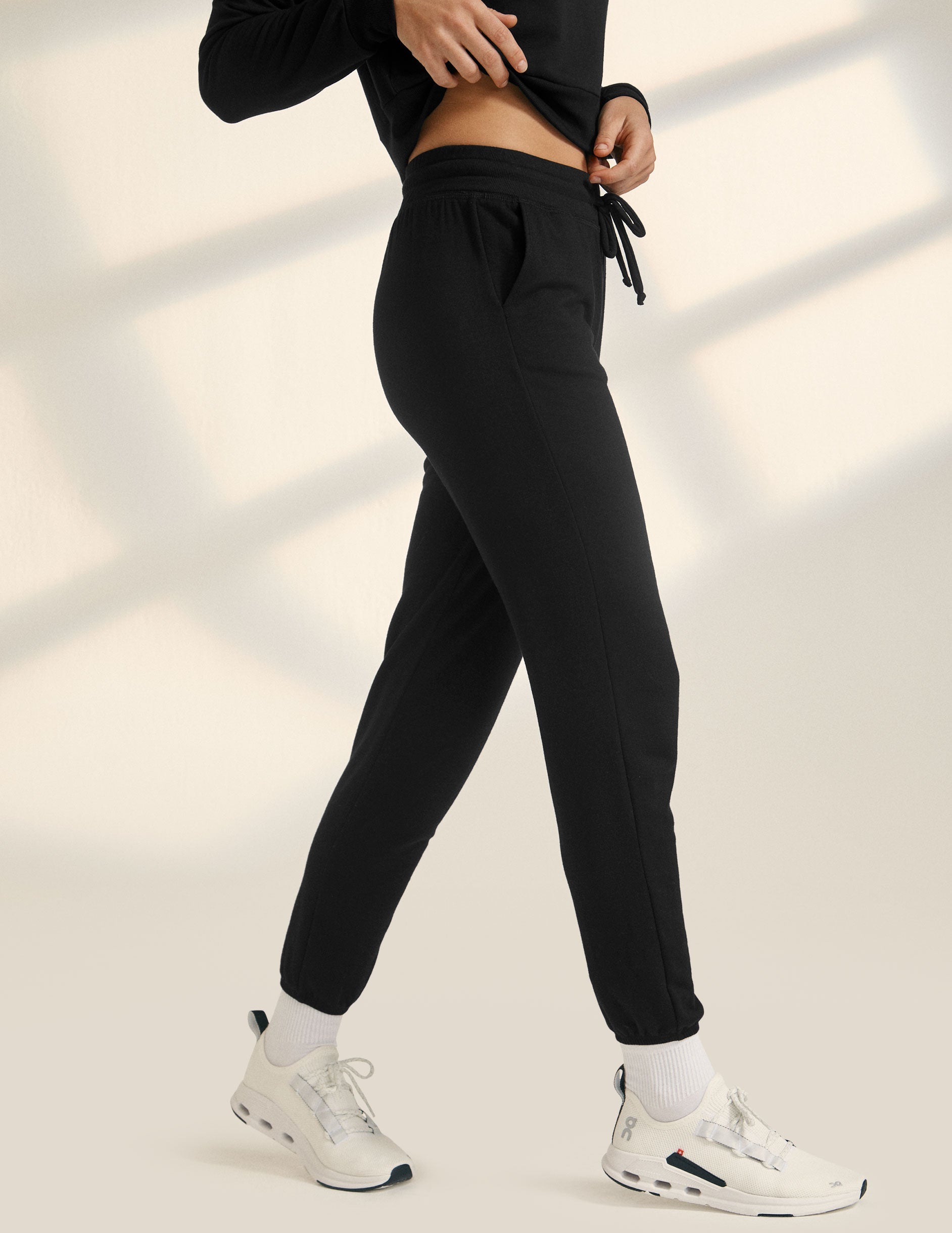 black knit joggers with drawstring at waist